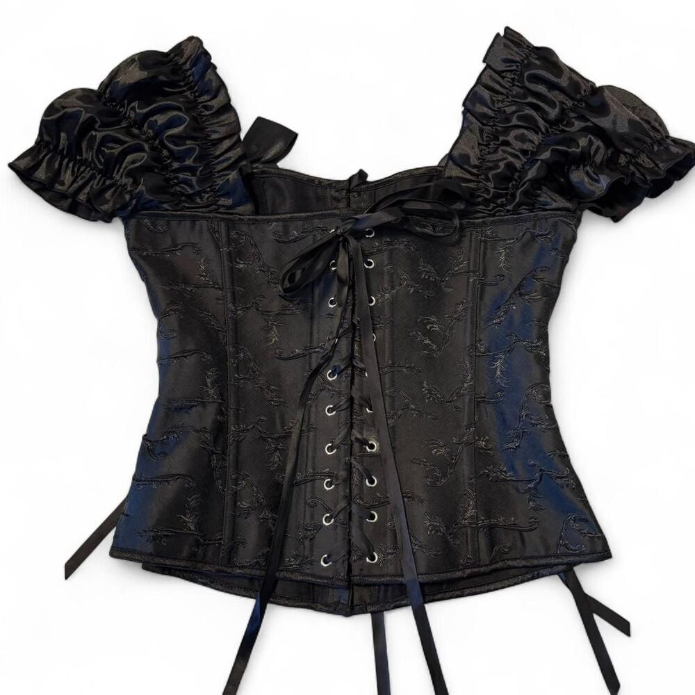 Luxurious Vintage-Inspired Gothic Corset Top – Satin Sleeves, Embroidered Detail - Picture 2 of 9